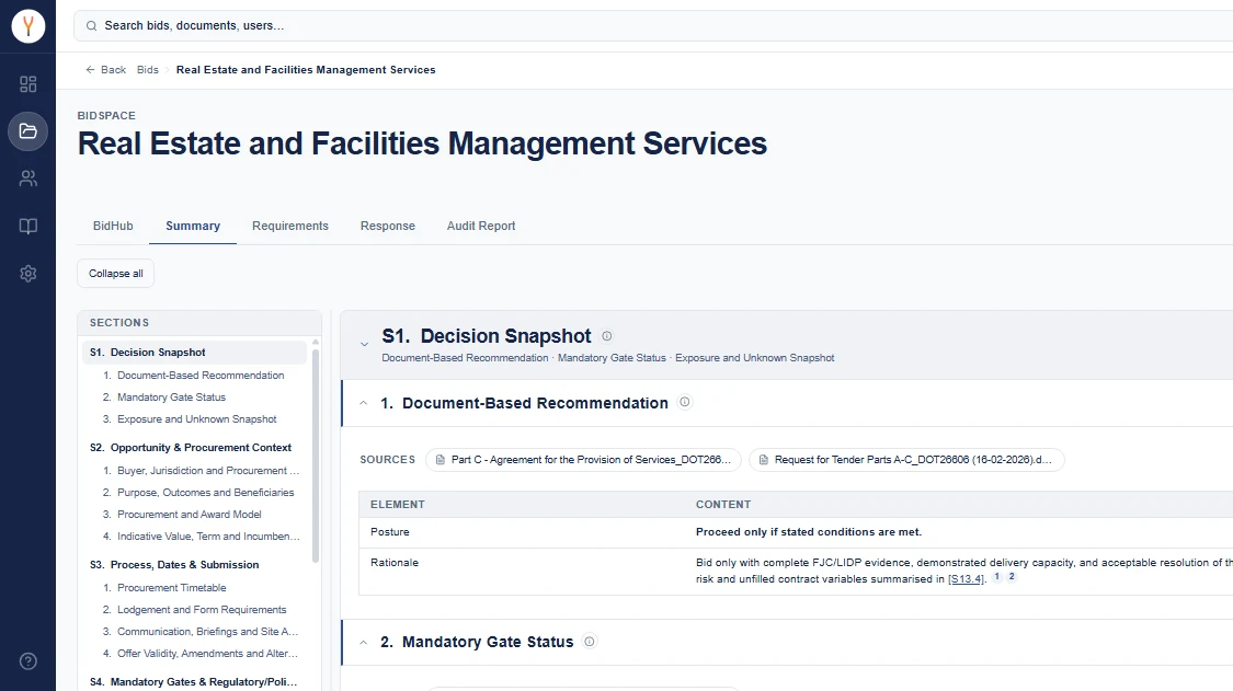 Synthrics tender summary showing a decision snapshot with a recommendation and its source documents