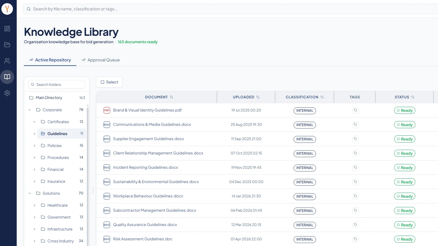 Synthrics Knowledge Library listing approved company documents to draw on when writing a tender