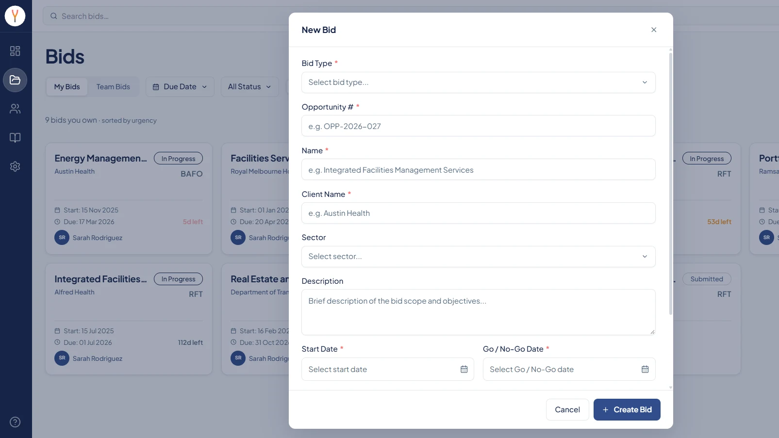 Synthrics New Bid form for entering the bid type, opportunity number, client, sector and key dates