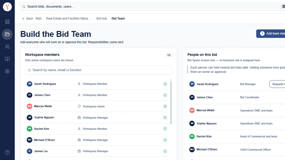 Synthrics Build the Bid Team screen listing workspace members and the people added to a bid