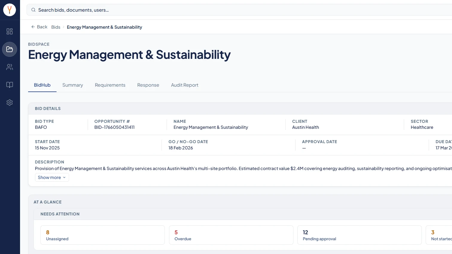 Synthrics BidHub showing bid details and an at-a-glance count of unassigned, overdue and pending items