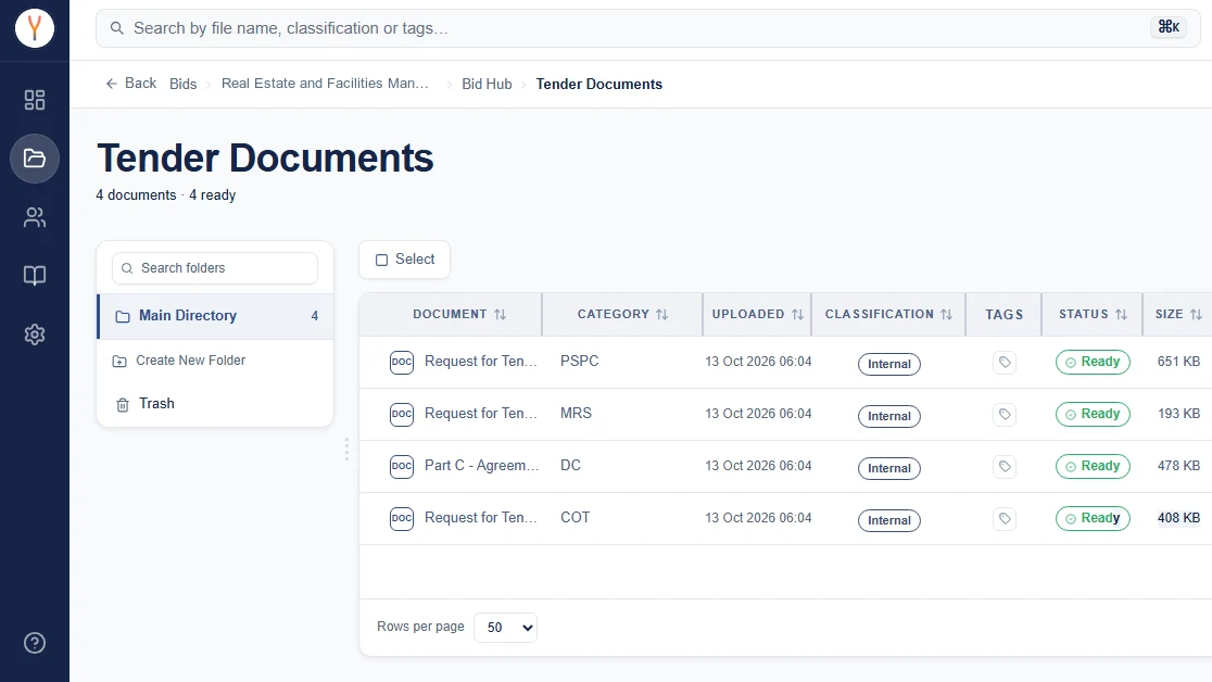 Synthrics Tender Documents screen listing uploaded tender files with their category, classification and status