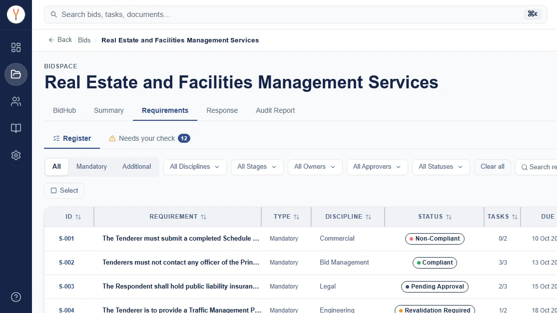 Synthrics requirements register showing each tender requirement's compliance status, tasks and due date