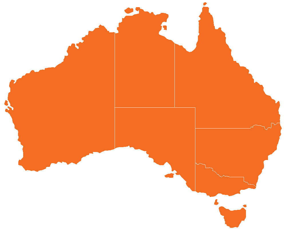 Orange map of Australia showing its states and territories with white borders on a white background.