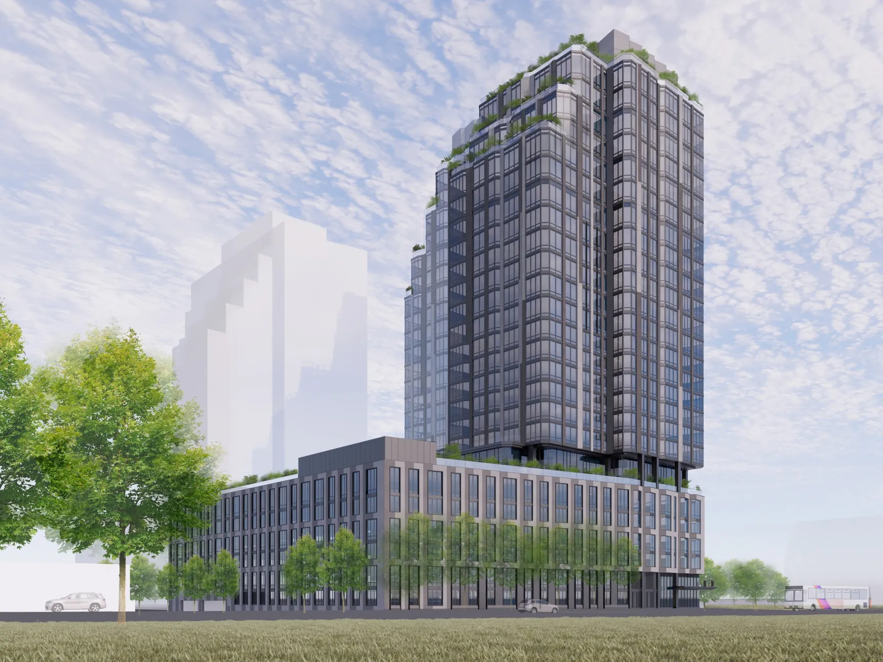 Development of a 381-unit rental building with retail space and parking