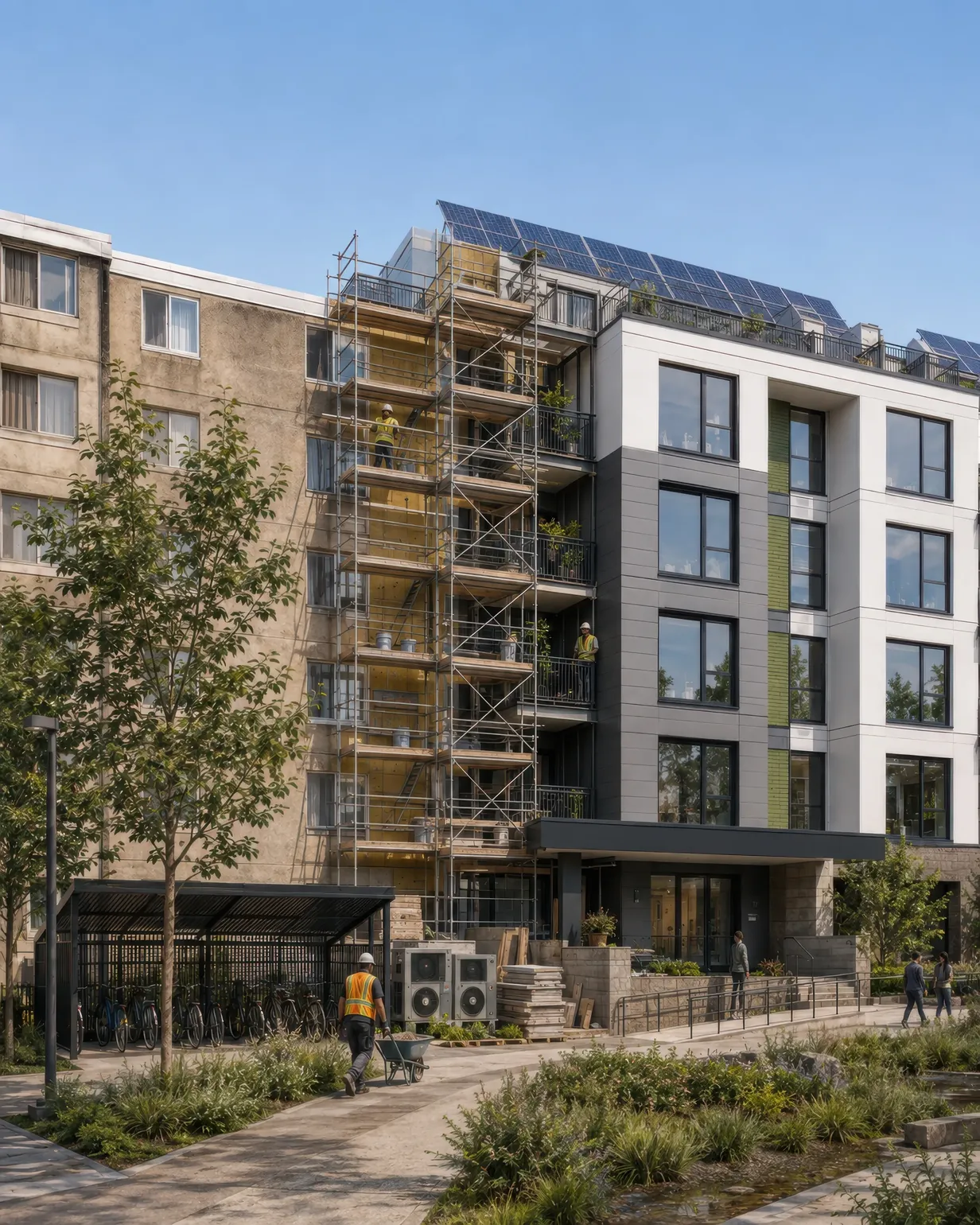 Partially completed residential building with scaffolding