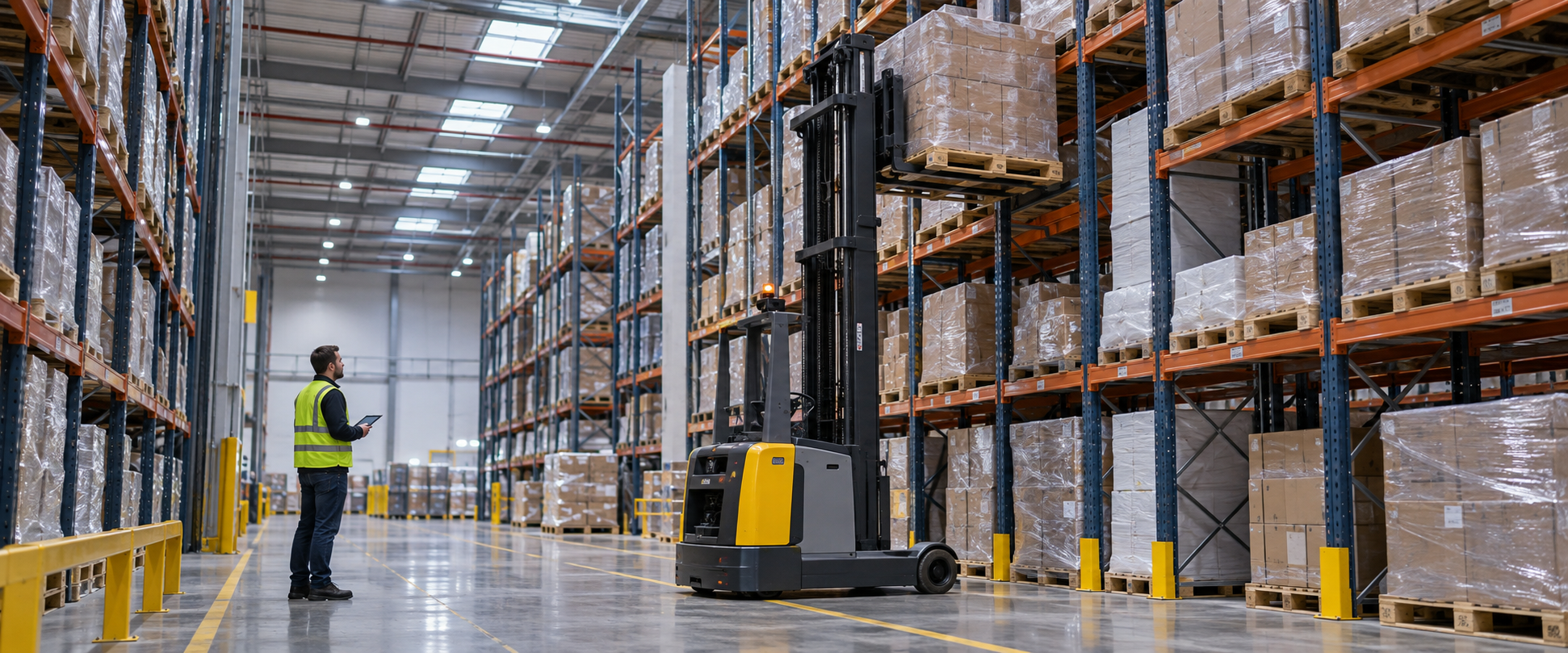 Autonomous forklift places a pallet into high-bay warehouse racking while an associate supervises from a marked safe zone