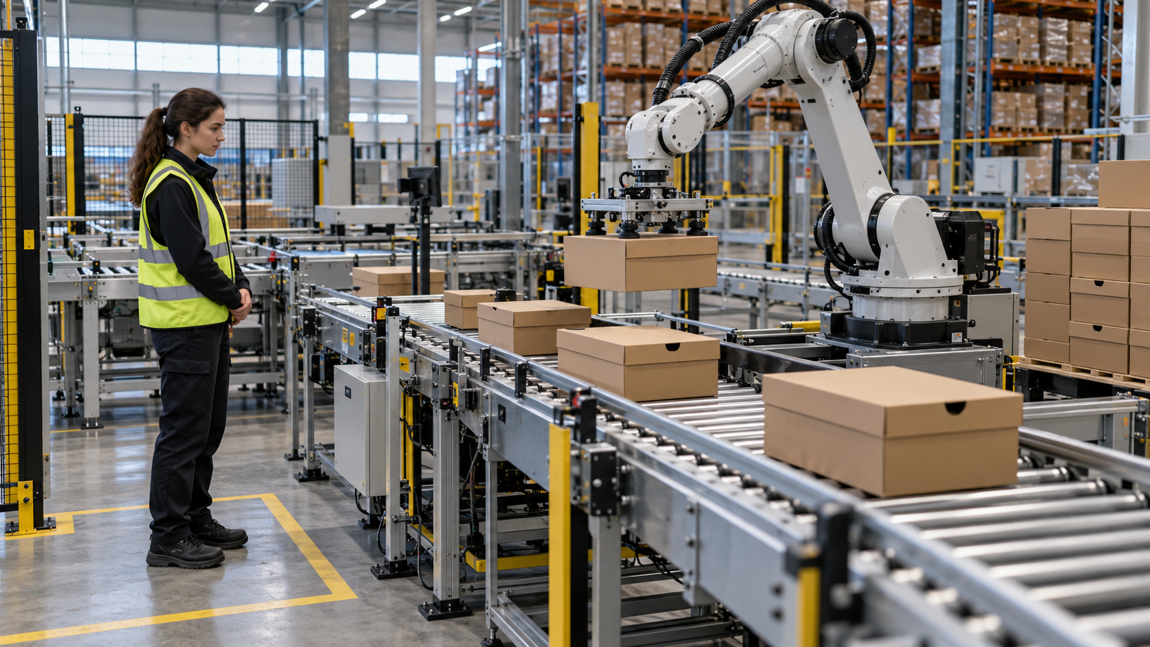 Camera-guided industrial robot inducts plain shoebox cartons from a conveyor as a warehouse associate supervises from a safe zone