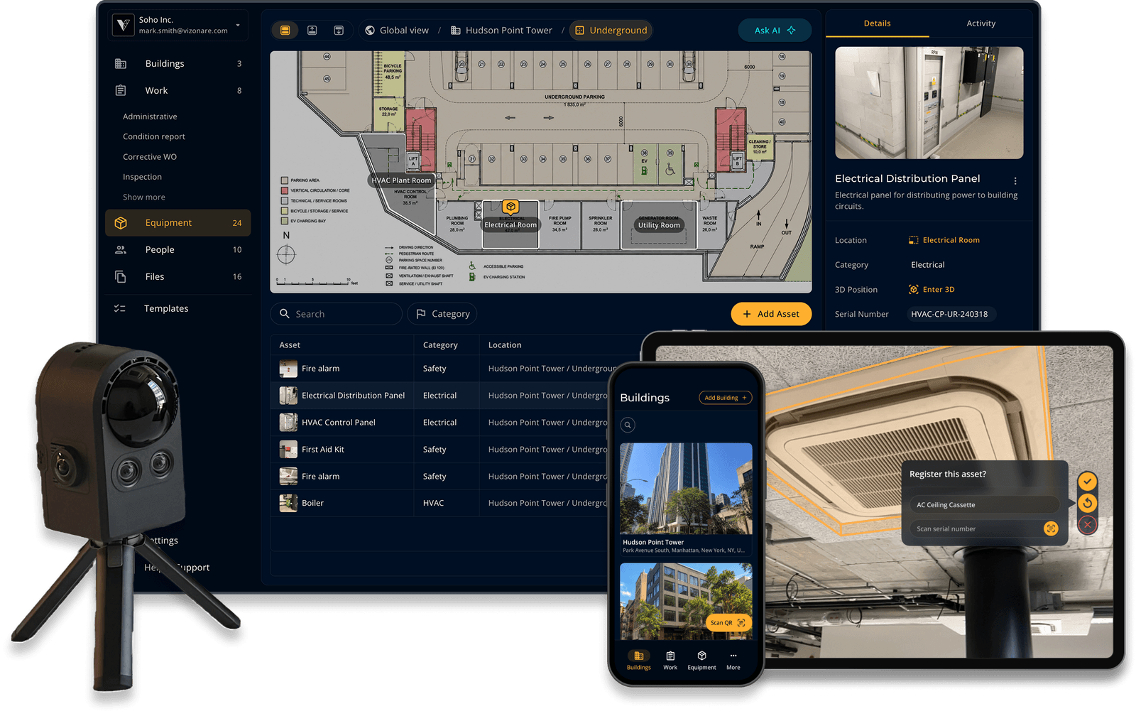 WellTend platform overview: desktop dashboard with a floor plan, a 360 camera, and mobile app views