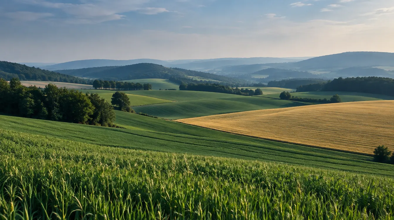 KI-Platzhalter: landwirtschaftliche Felder in hügeliger Landschaft