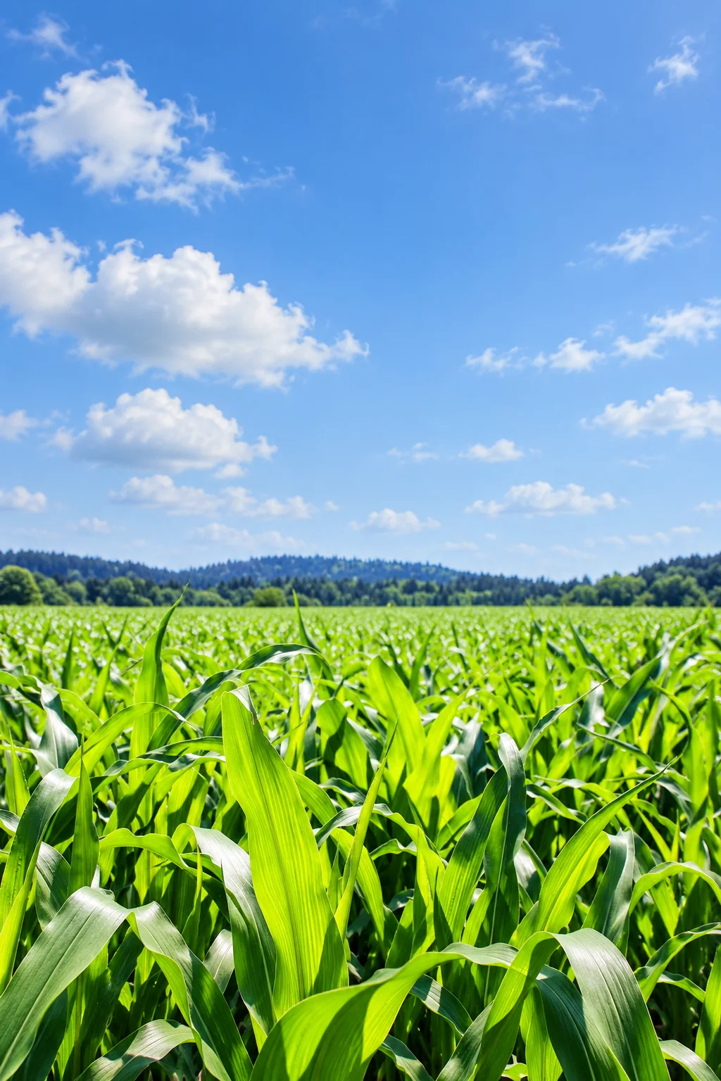 KI-generiertes Maisfeld im Sonnenlicht unter blauem Himmel