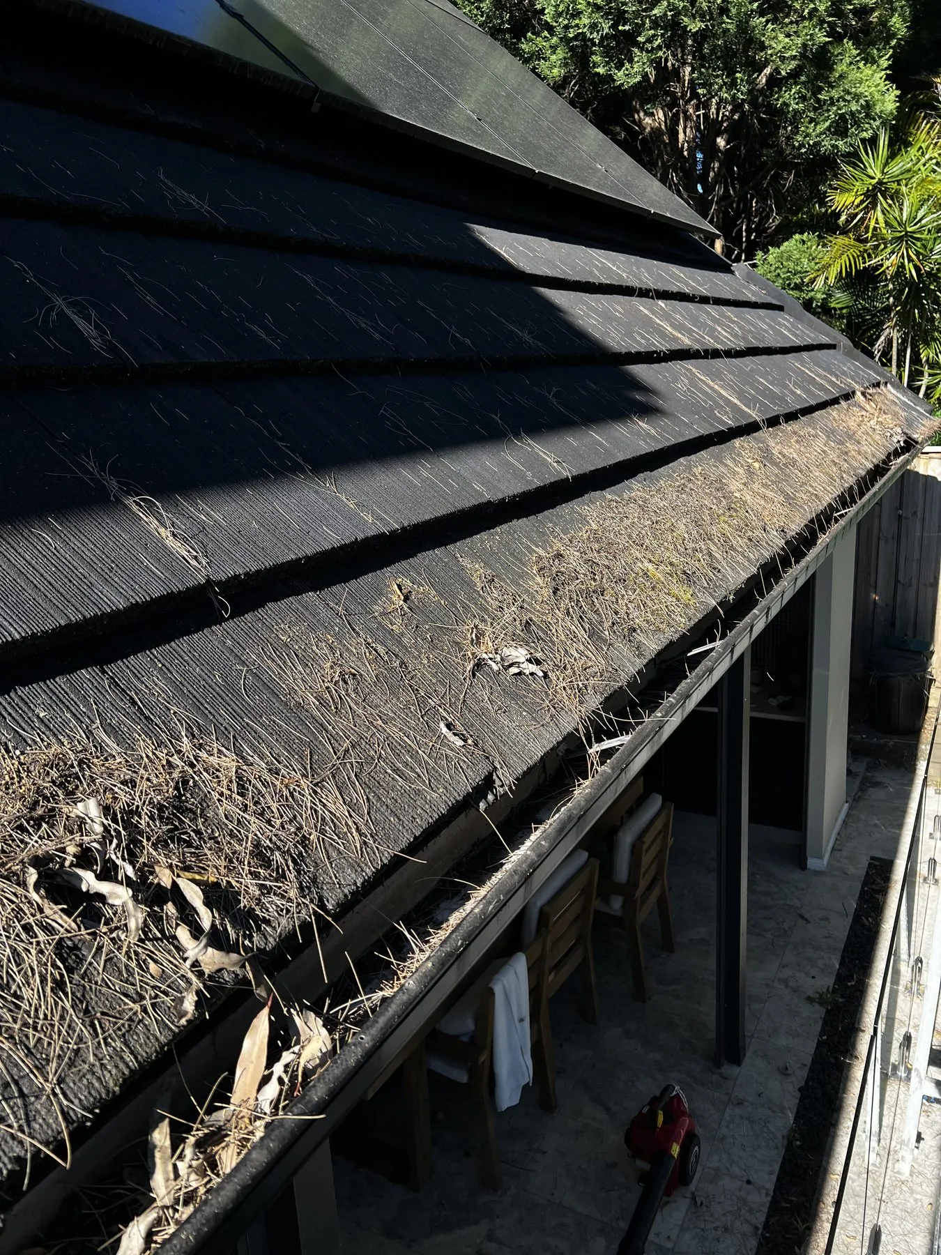 Debris on existing gutter mesh before maintenance