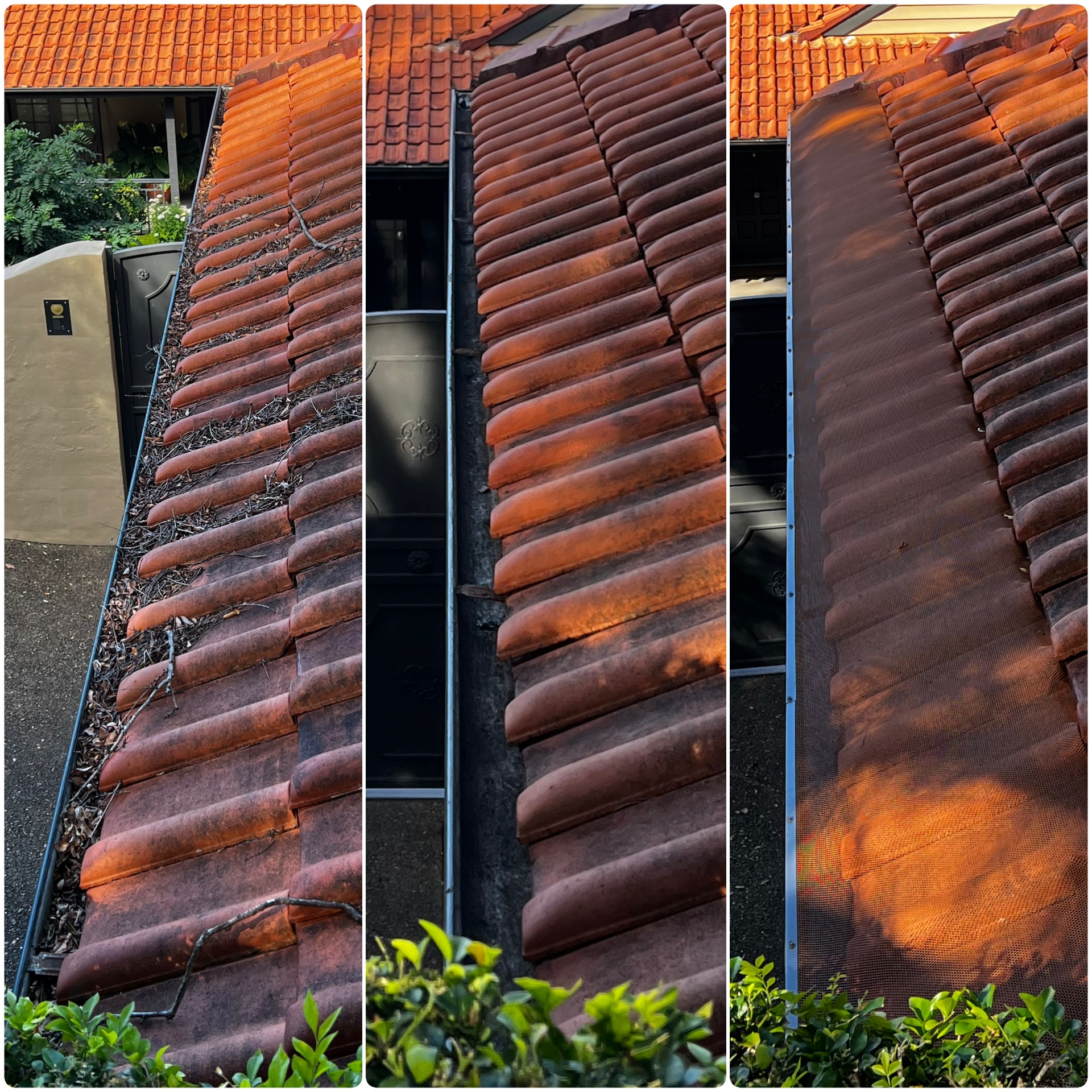 Gutter guard fitted along a metal roof edge beside solar panels