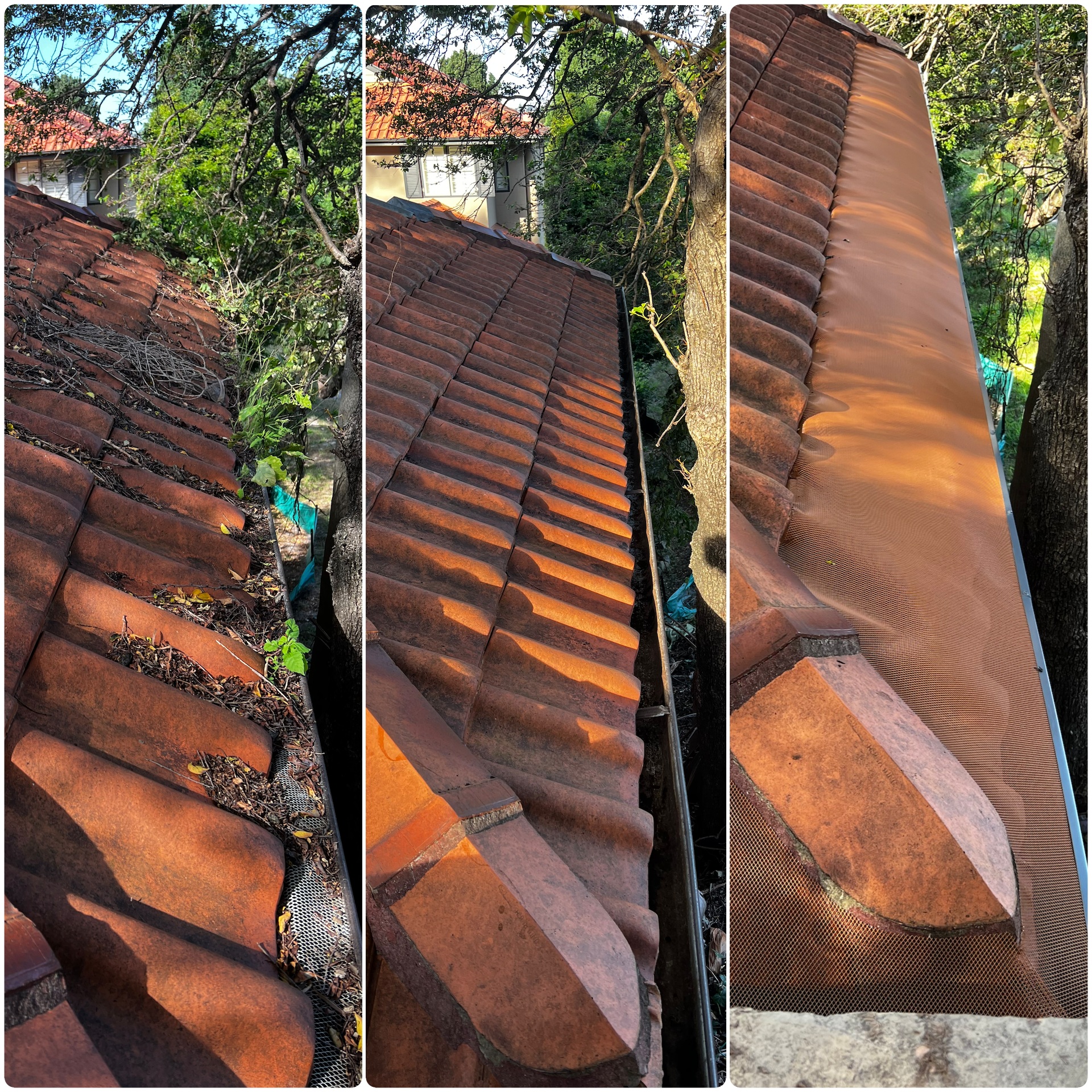 Black gutter guard fitted around a tiled roof corner
