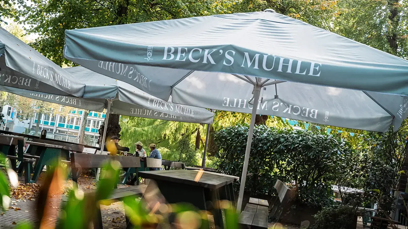 Terrasse der Beck’s Mühle mit Sonnenschirmen im Grünen