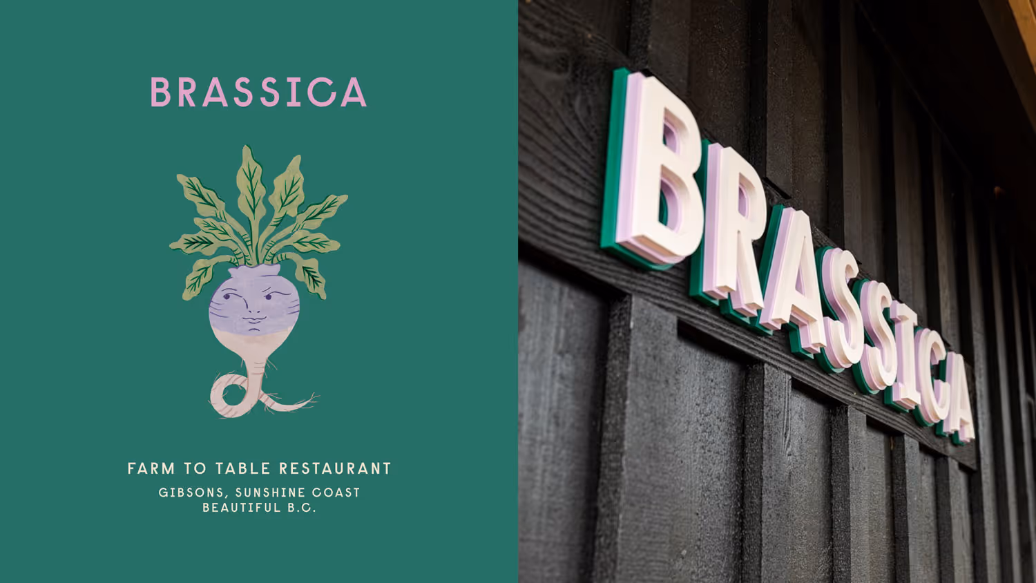 Brassica restaurant signage with layered wood construction