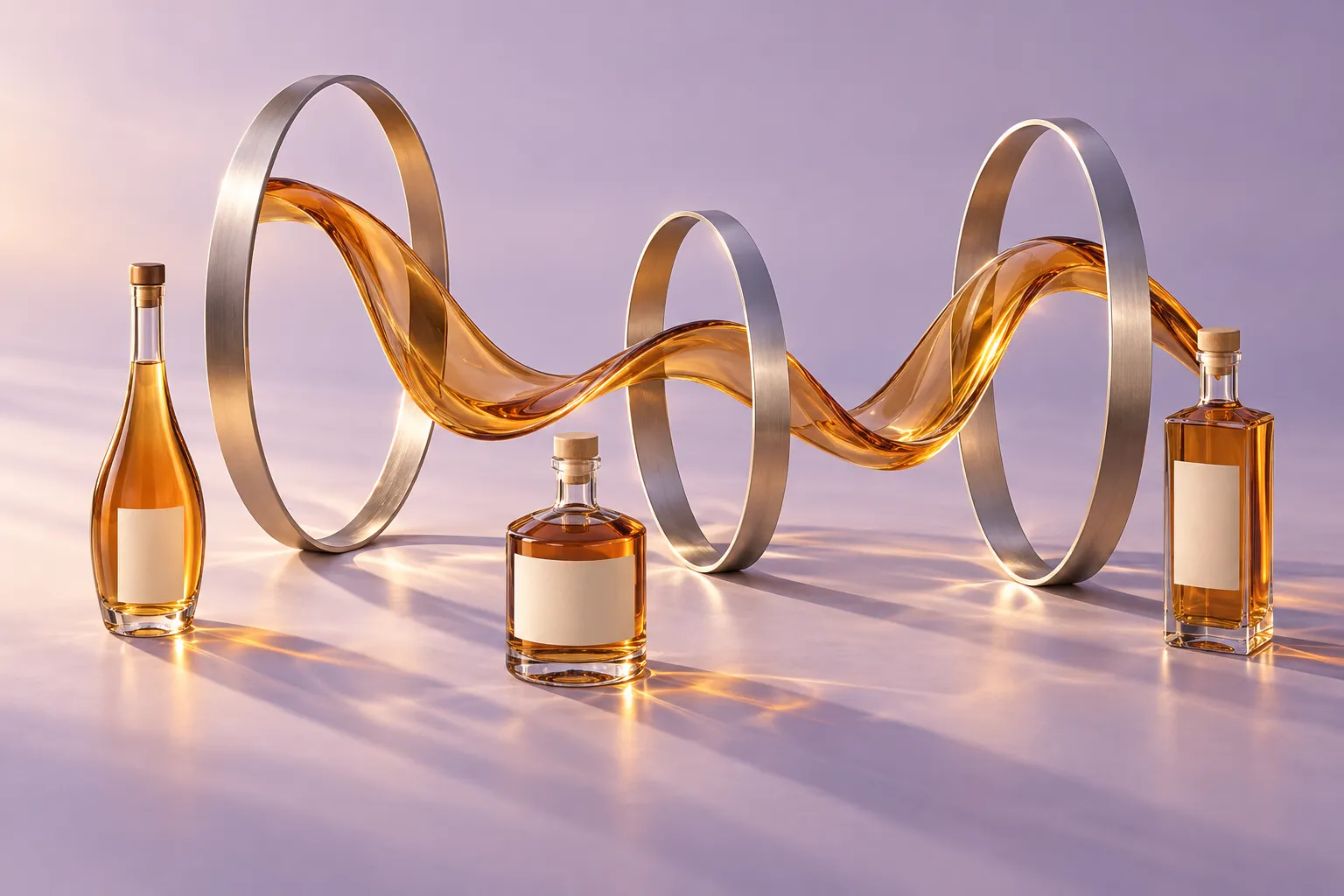 Three spirit bottles connected through sculptural silver portals by an amber glass ribbon