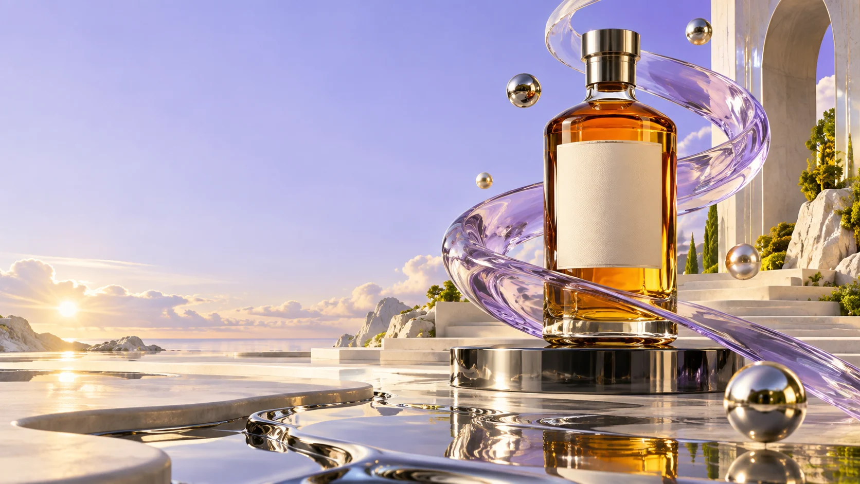 An amber spirit bottle surrounded by a sculptural glass ribbon