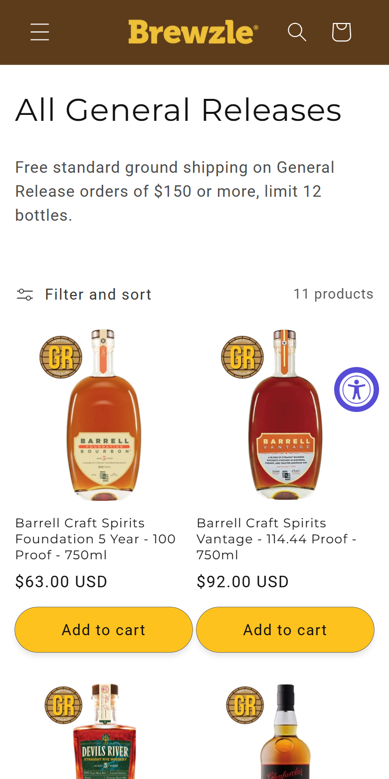 Real mobile view of the Brewzle Picks store
