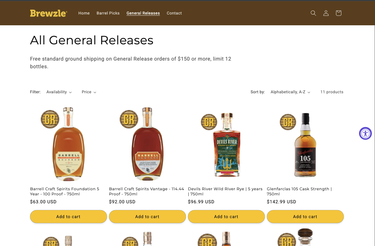 Real Brewzle Picks General Releases storefront, with brown and gold branding and its bottle collection