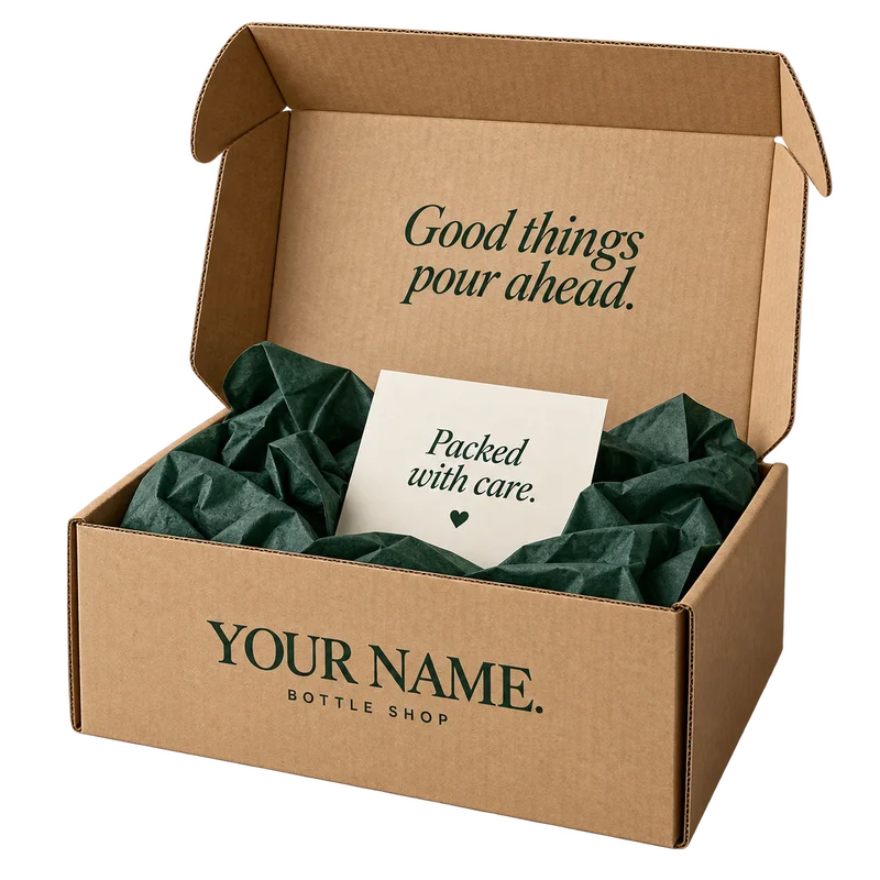An open creator-branded parcel with green tissue and a Packed with care card