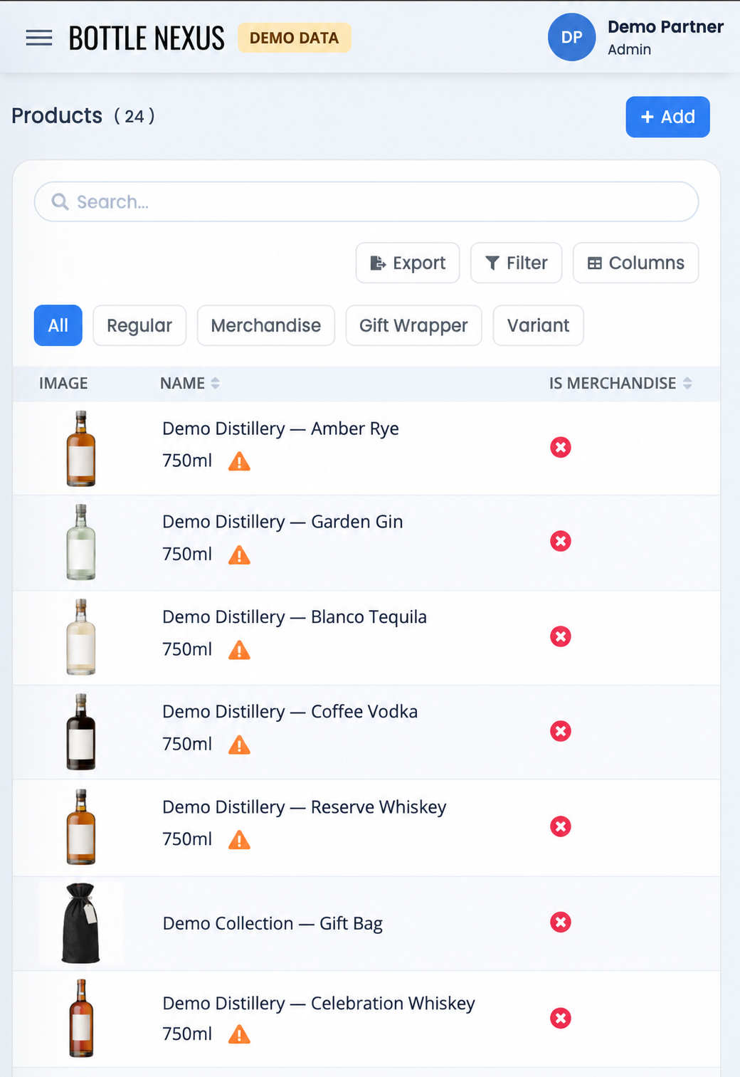 Bottle Nexus products screen with fictional demo products