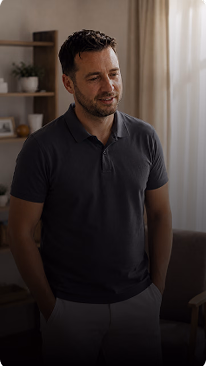 Mann im dunklen Poloshirt steht in einem Wohnraum und blickt zur Seite