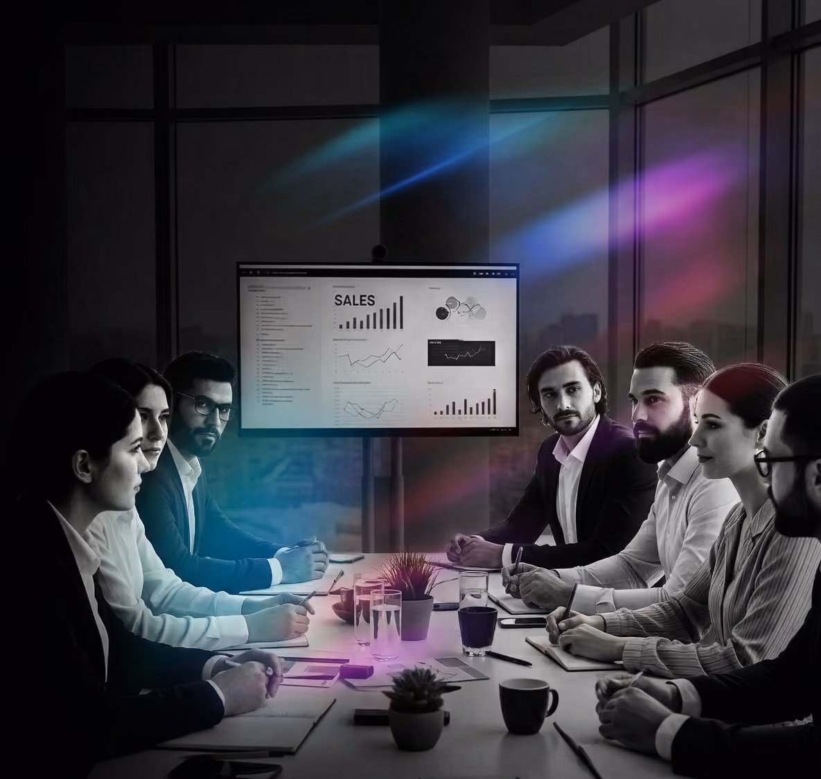 Vertriebsteam bespricht Verkaufszahlen am Konferenztisch vor einem Bildschirm mit Diagrammen