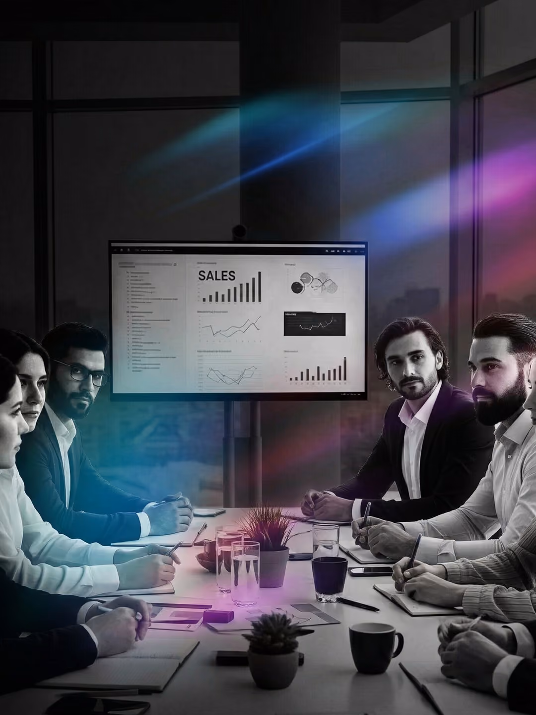 Vertriebsteam bespricht Verkaufszahlen am Konferenztisch vor einem Bildschirm mit Diagrammen