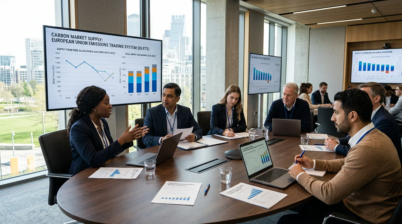 Analysts at a professional workshop reviewing carbon market supply data