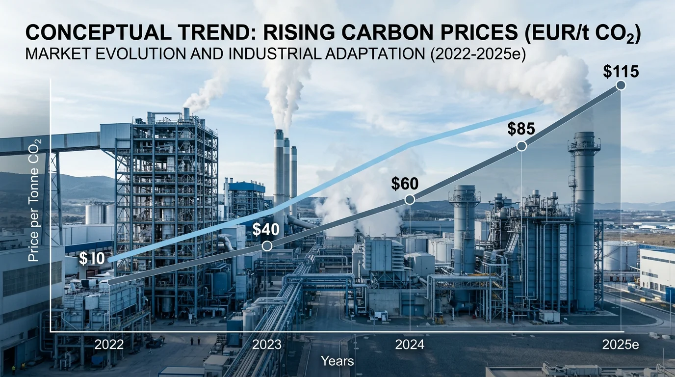 Industrial plant paired with a rising carbon price chart illustrating cap-and-trade