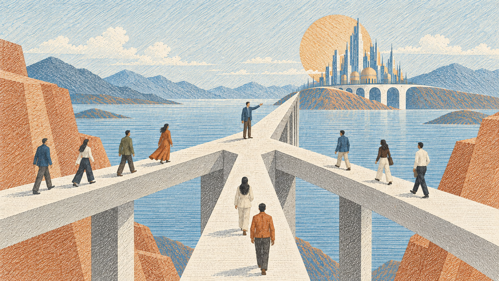 People crossing converging bridges toward a shared city