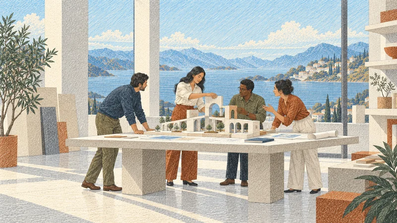 Practitioners building a shared pavilion model in a sunlit studio
