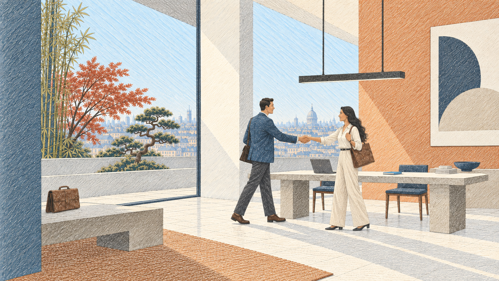 Two people shaking hands in a bright office overlooking the city