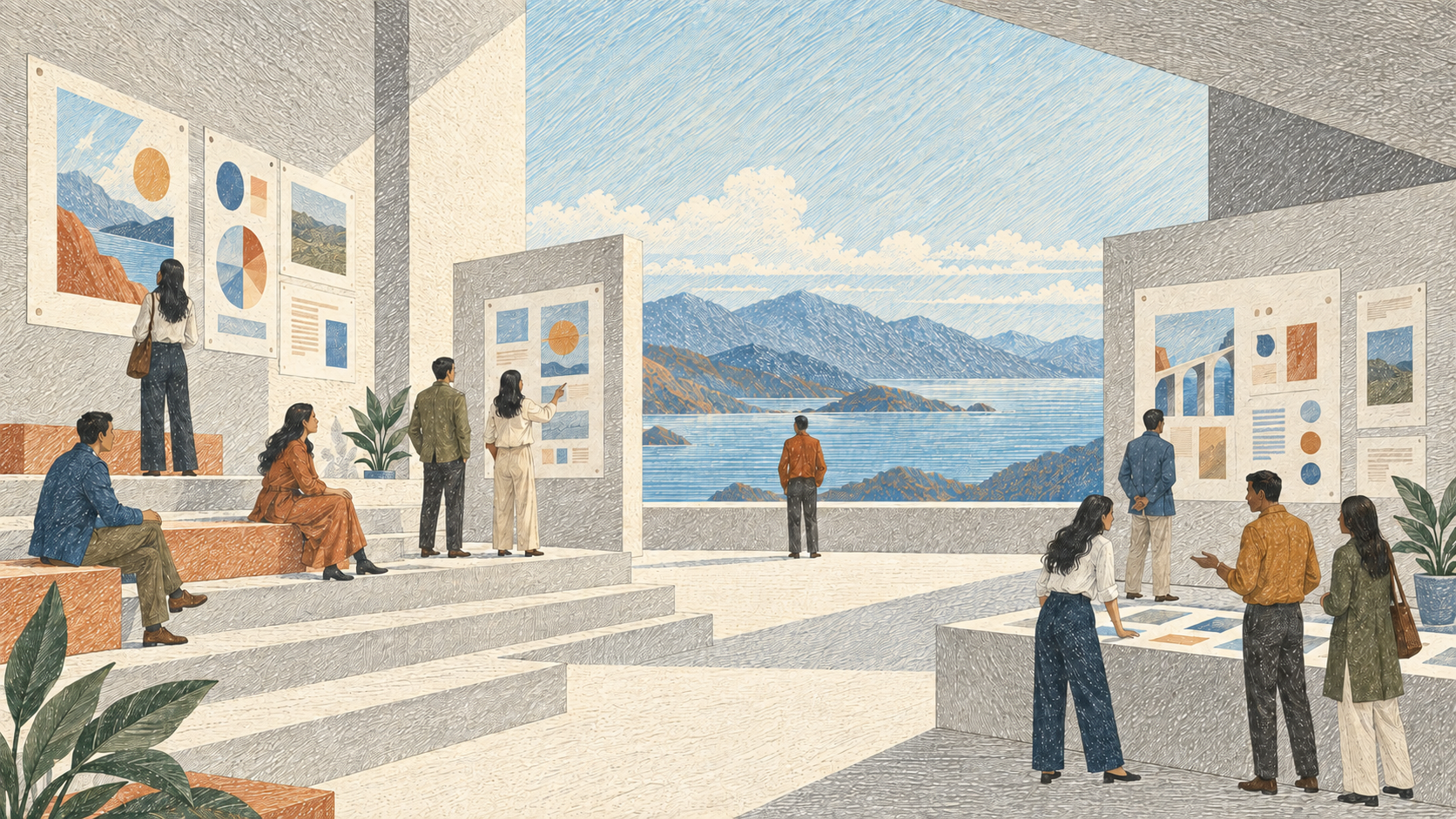 People exchanging ideas and reviewing work on a terrace overlooking the coast