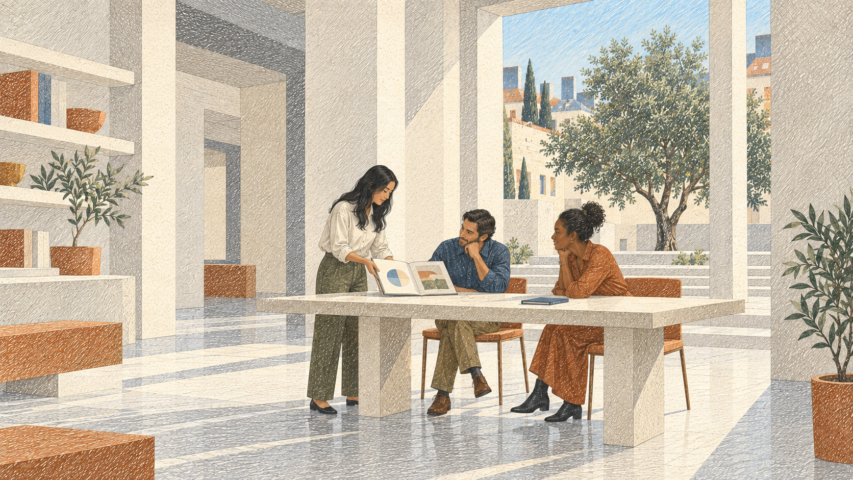 A practitioner sharing an open portfolio with two peers at a table in a bright reading room