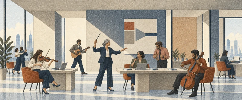 A conductor bringing together colleagues making music in a shared workplace