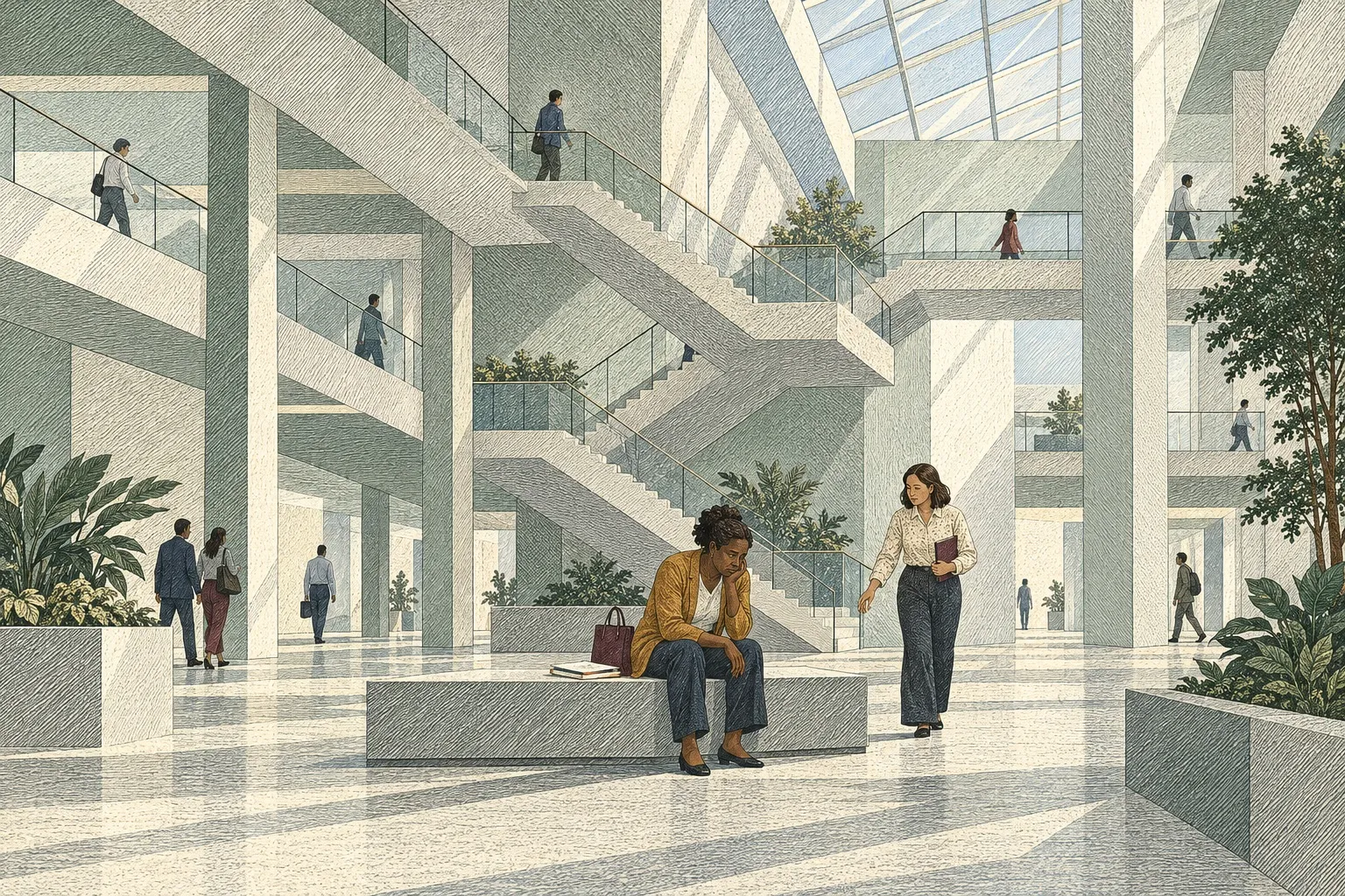 A tired employee pauses in a busy atrium while a colleague offers support.