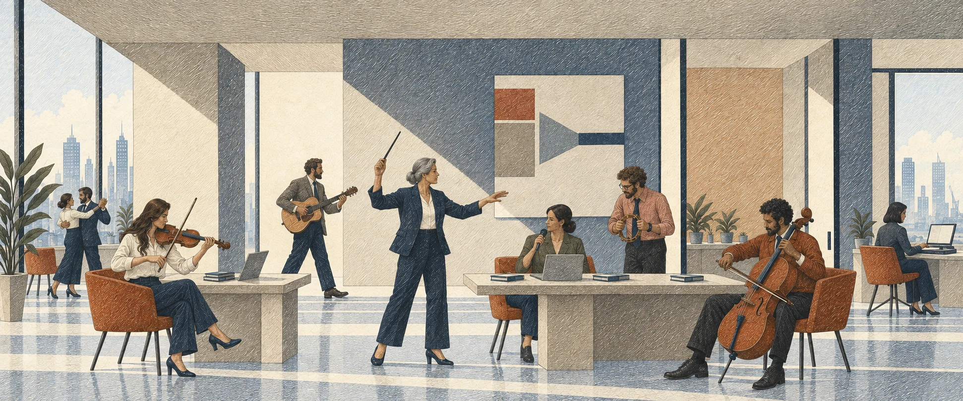 A conductor bringing together colleagues making music in a shared workplace