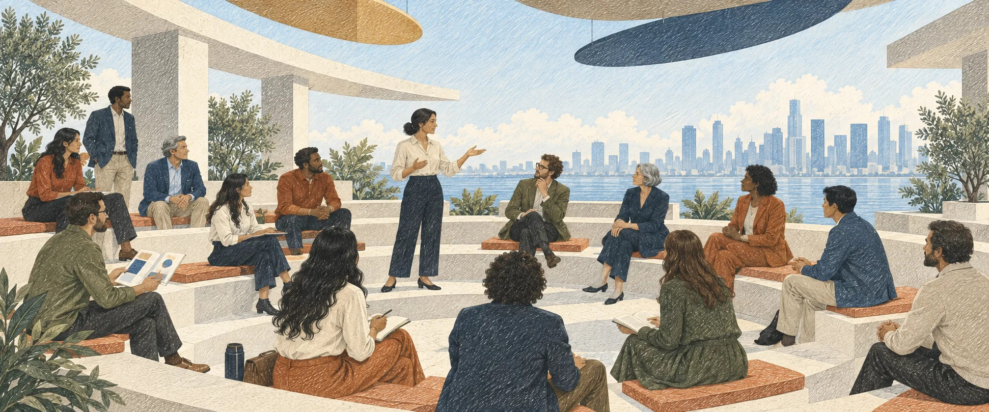 Practitioners sharing ideas in an open-air auditorium overlooking a city skyline