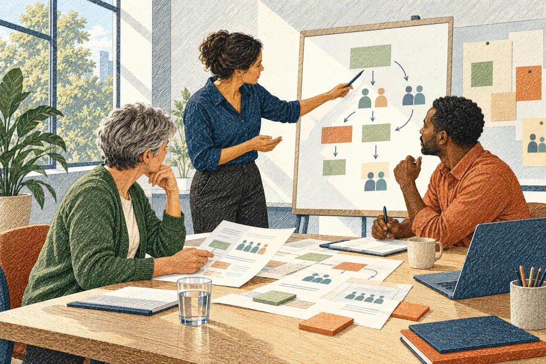 Editorial illustration of colleagues studying a project plan with a facilitator at a table; a fictional scene, not an actual Prosci class.