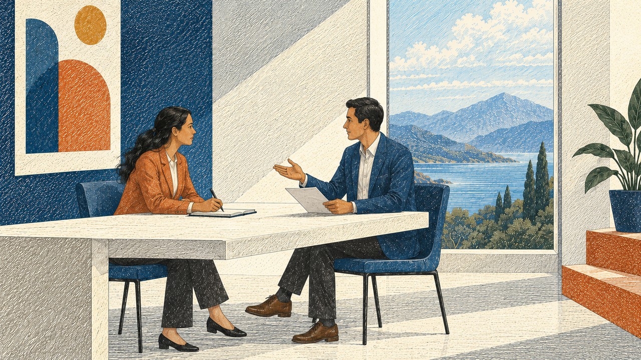 Practitioners sharing experiences in an intimate terraced auditorium, in a colored engraving style