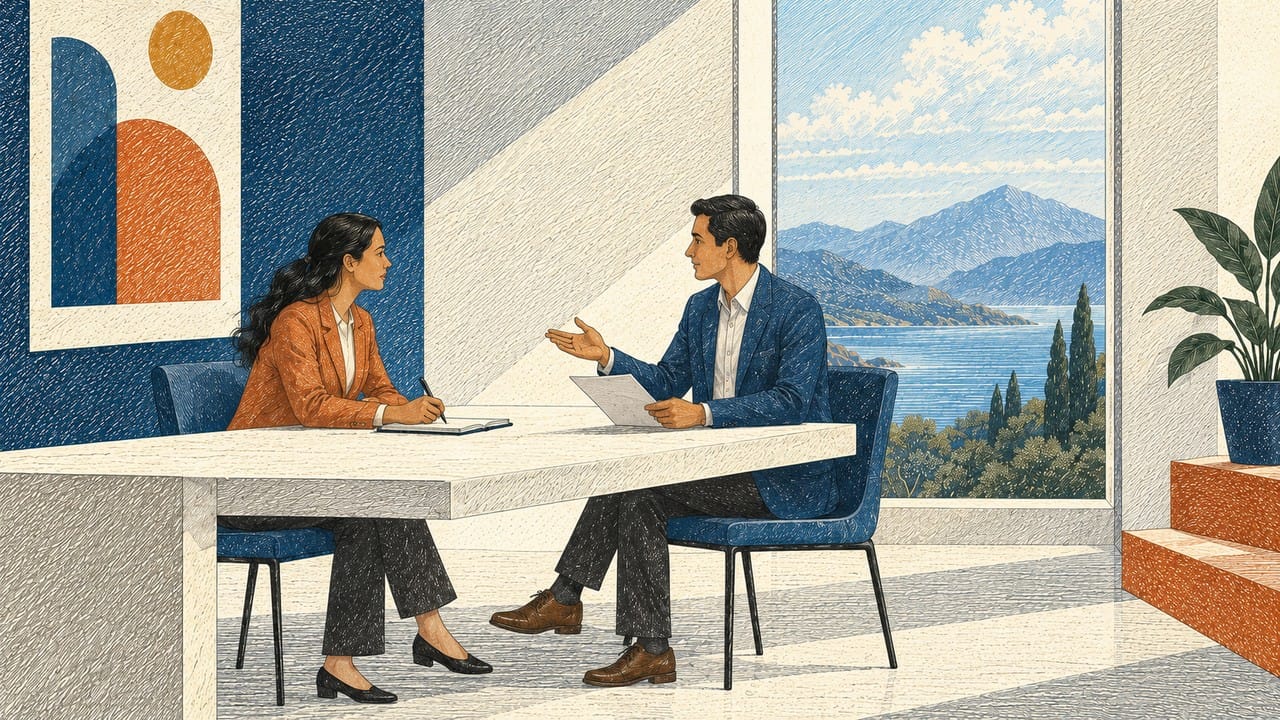 Two colleagues discussing work across a table in a sunlit office.