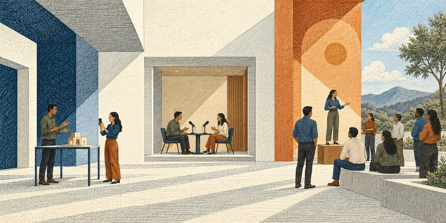 Employees share expertise through a video recording, a podcast conversation, and a public talk.