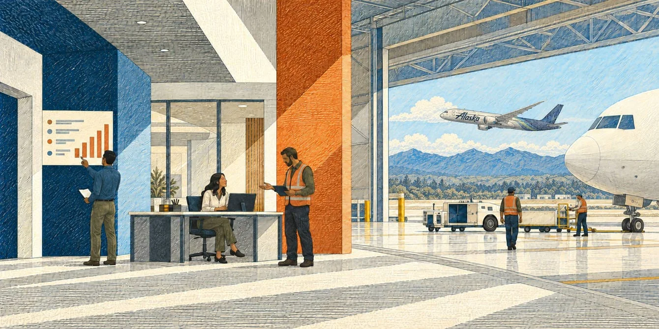 Engraved airport reporting scene with a distant Alaska aircraft taking off.