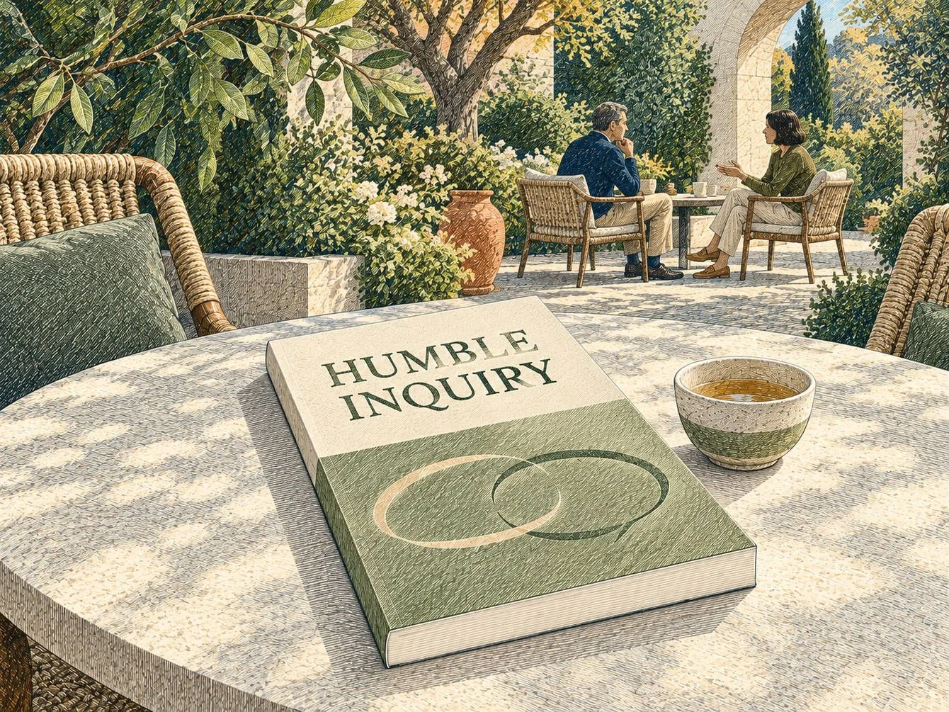 Illustrated Humble Inquiry book on a garden table, with two people in conversation behind it.