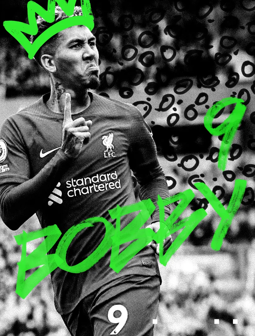 Roberto Firmino in a Liverpool kit, finger to lips, 'Bobby 9' brushed in FALSE9 green