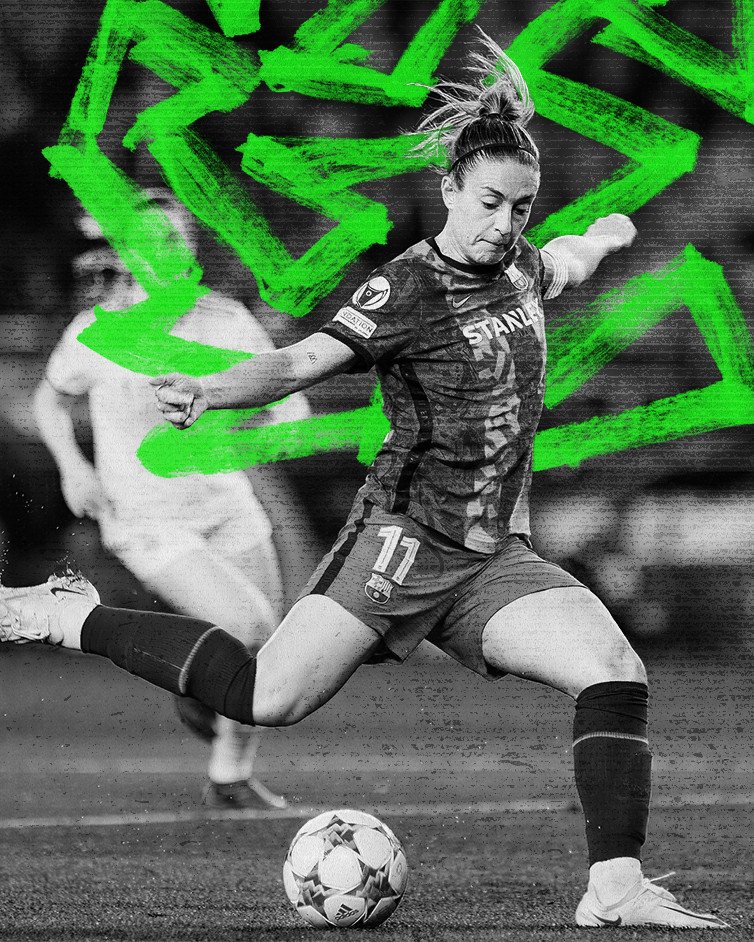 Women's football player in black and white striking the ball, with FALSE9 green marker art