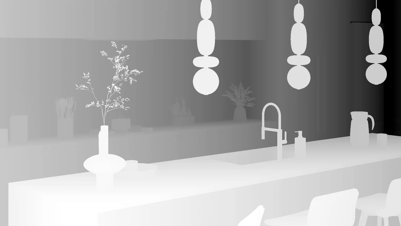 Depth map of the same kitchen, near surfaces light and far surfaces dark