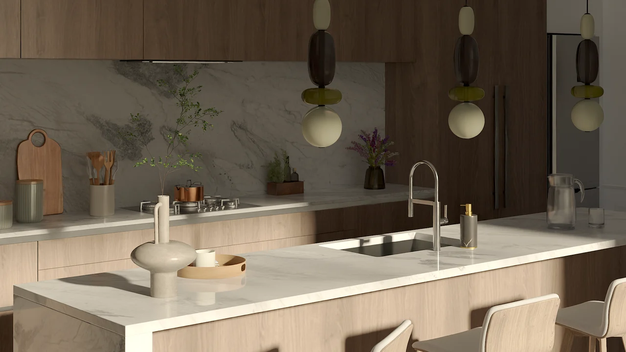 A kitchen rendered by Physicl Studio, marble island, wooden cabinets and three pendant lamps